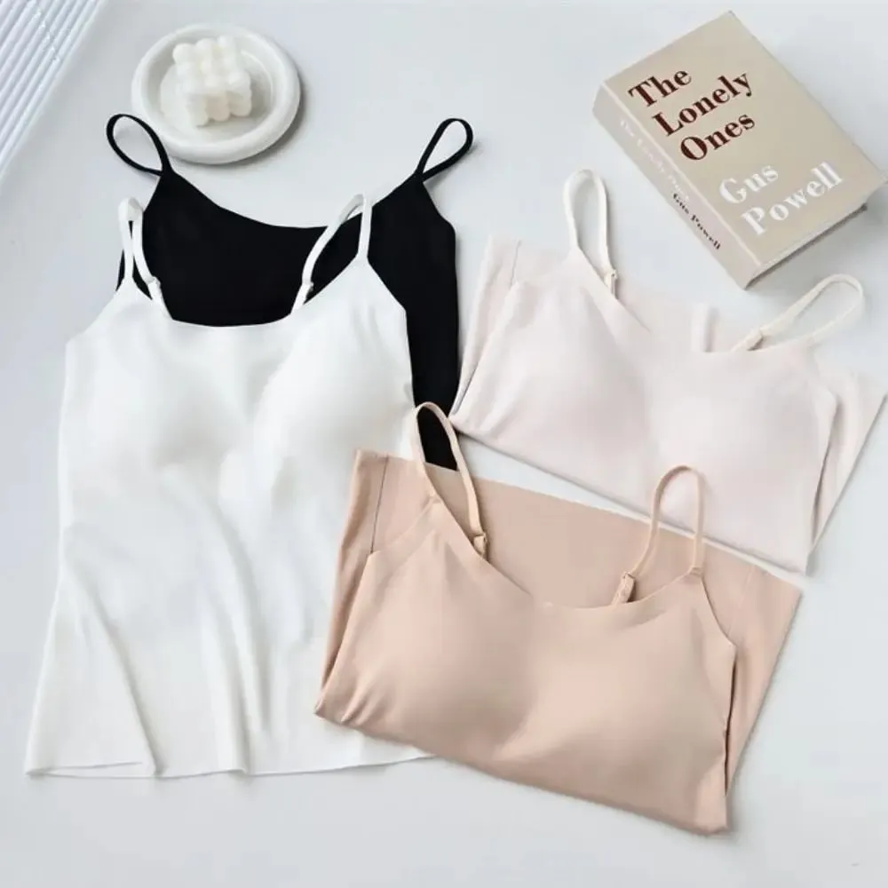 M-XL Summer Ice Silk Camisole Top With Build-in Bra Women Plus Size Long-Length Tank Tops One-Piece Slimming Tanks Bra Underwear