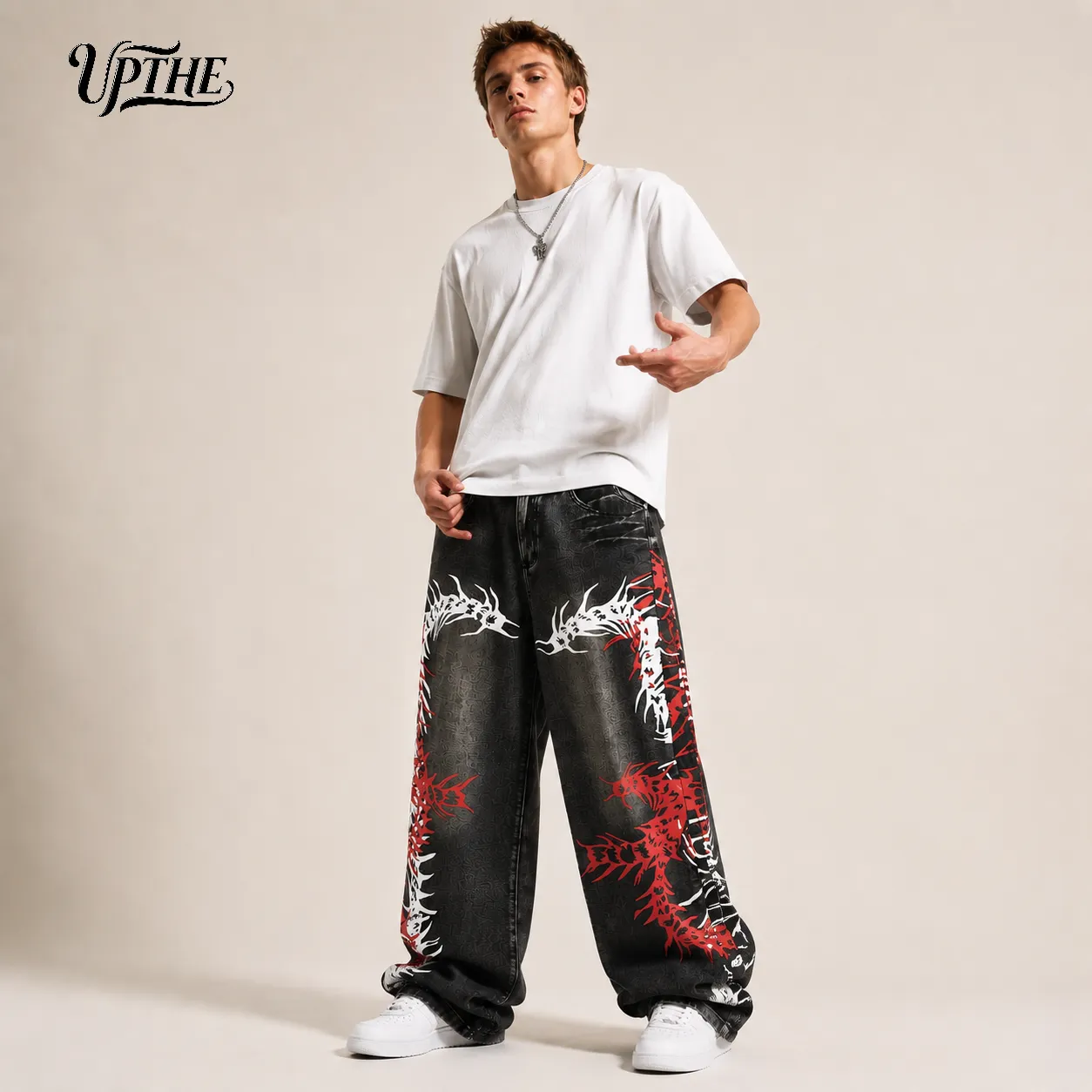 UP.THE Men Baggy Wide Leg Jeans Vintage Washed Black Gray Denim Pants Y2K Oversized Loose Centipede Skeleton Print Streetwear Jeans for Daily Casual Hip Hop Outfits