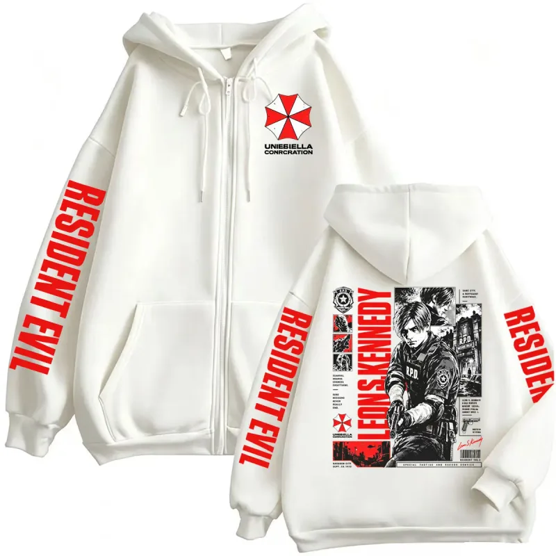 Vintage Gaming Resident Evil Leon Kennedy Zipper Hoodies Men's Fashion Classic Gothic Sweatshirts Jacket Bodywarmer Zip Up Coats