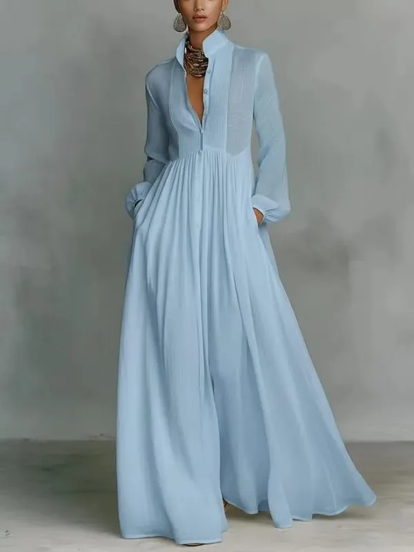Women's Elegant Single Breasted Long Dress 2026 French High Waist Solid Pockets Pleated Maxi Evening Dress