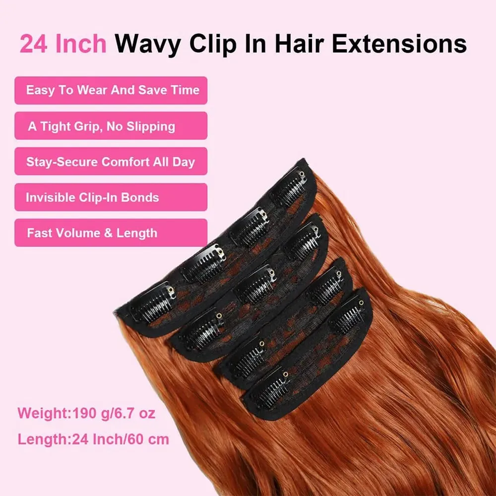 Copper Red Long Wavy Clip in Hair Extensions 20 Inch 4Pcs Double Weft Synthetic Hairpieces Full Head for Women Party Cosplay