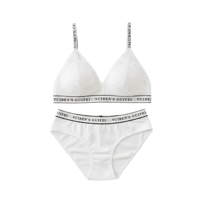 Breathable Letter Design Lingerie Set Lace Deep V Women Underwear Suit Color Blocking Wireless Bra Panties Set Daily