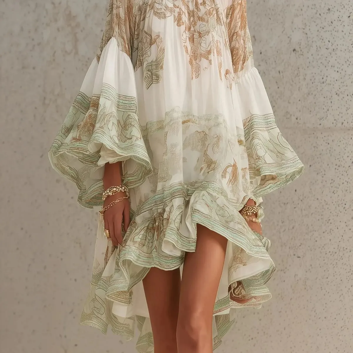 Spring Summer Women Flare Sleeve Floral Print Asymmetric Hem Dress Dresses Retro Ruffle Gown