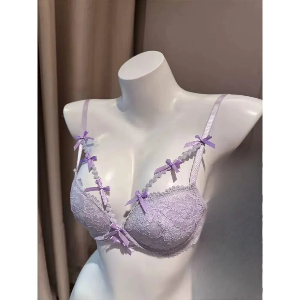 Purple Halter Bra Set Cross Strap Butterfly Detail Elegant Push Up Lingerie Kit For Women Soft Comfort Daily Wear