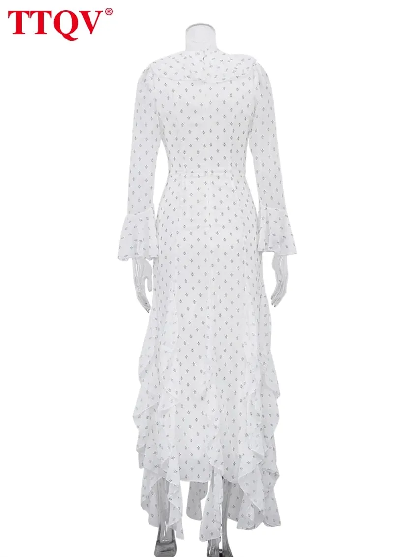 Sexy Slim Print Women's Dress 2025 Fashion V-Neck Long Sleeve Ankle Length Dresses Elegant Classic Ruffles Female Dress