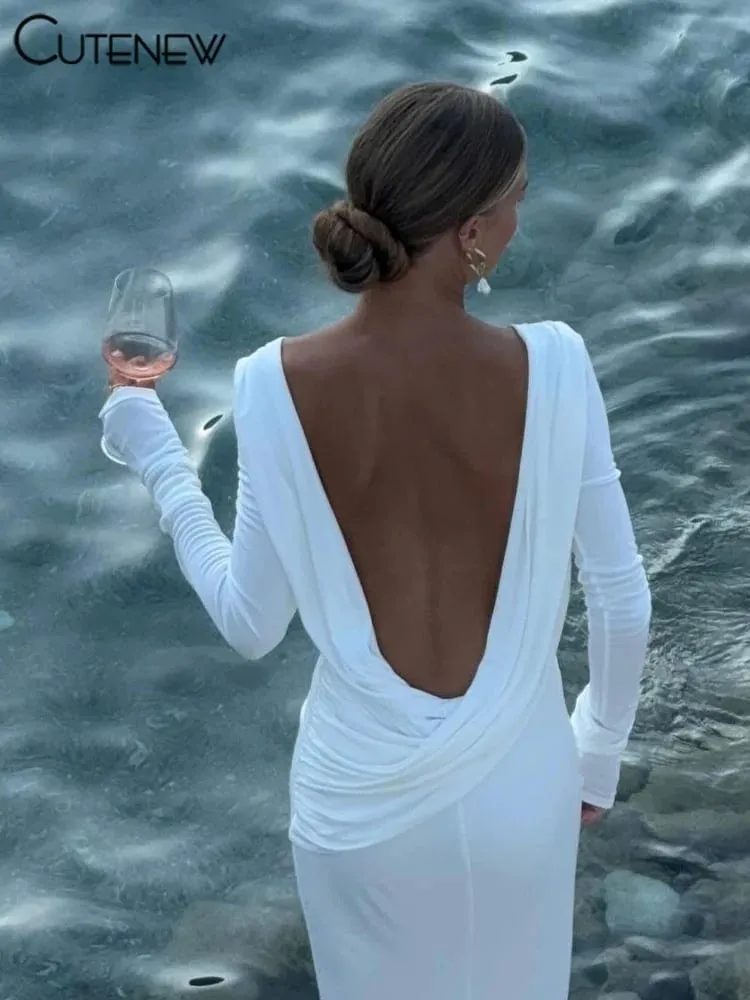 Cutenew High Street Women Maxi Dresses Classic Solid Backless Full Sleeve Sheath Concise Robe Pambabae Elegant Banquet Vestidos