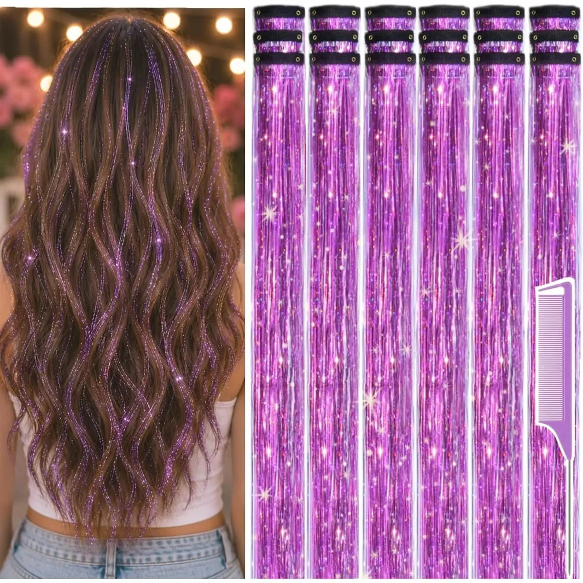 Balení 18 ks Nápadné doplňky do vlasů Rainbow Hair Tinsel Clip in Balíček 22palcových třpytivých pohádkových vlasů pro ženy, dívky
