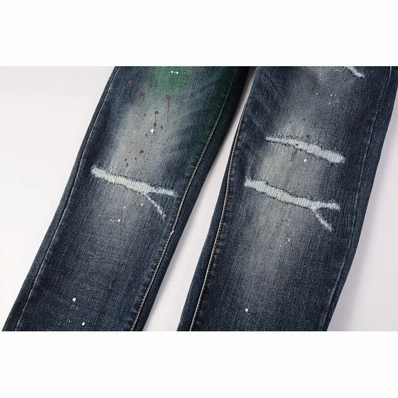 Men's Slim Taper Vintage Distressed Ripped Jeans Blue Gradient Green Red Paint Splatter Button Fly High Street Fashion Denim Pan