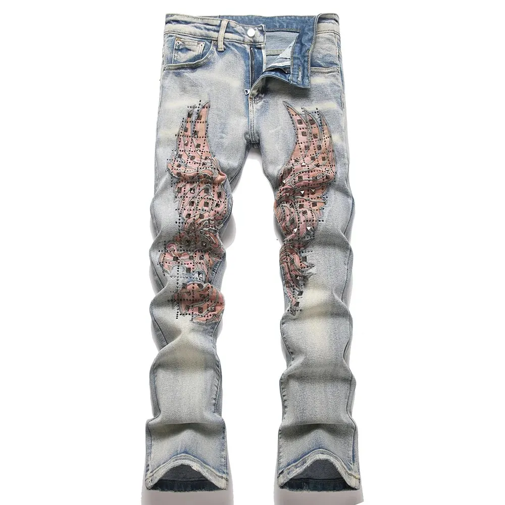 Men's Wing Patch Boot Cut Jeans Rivet Crystal Slim Flared Pants Embroidery Vintage Blue Denim Trousers