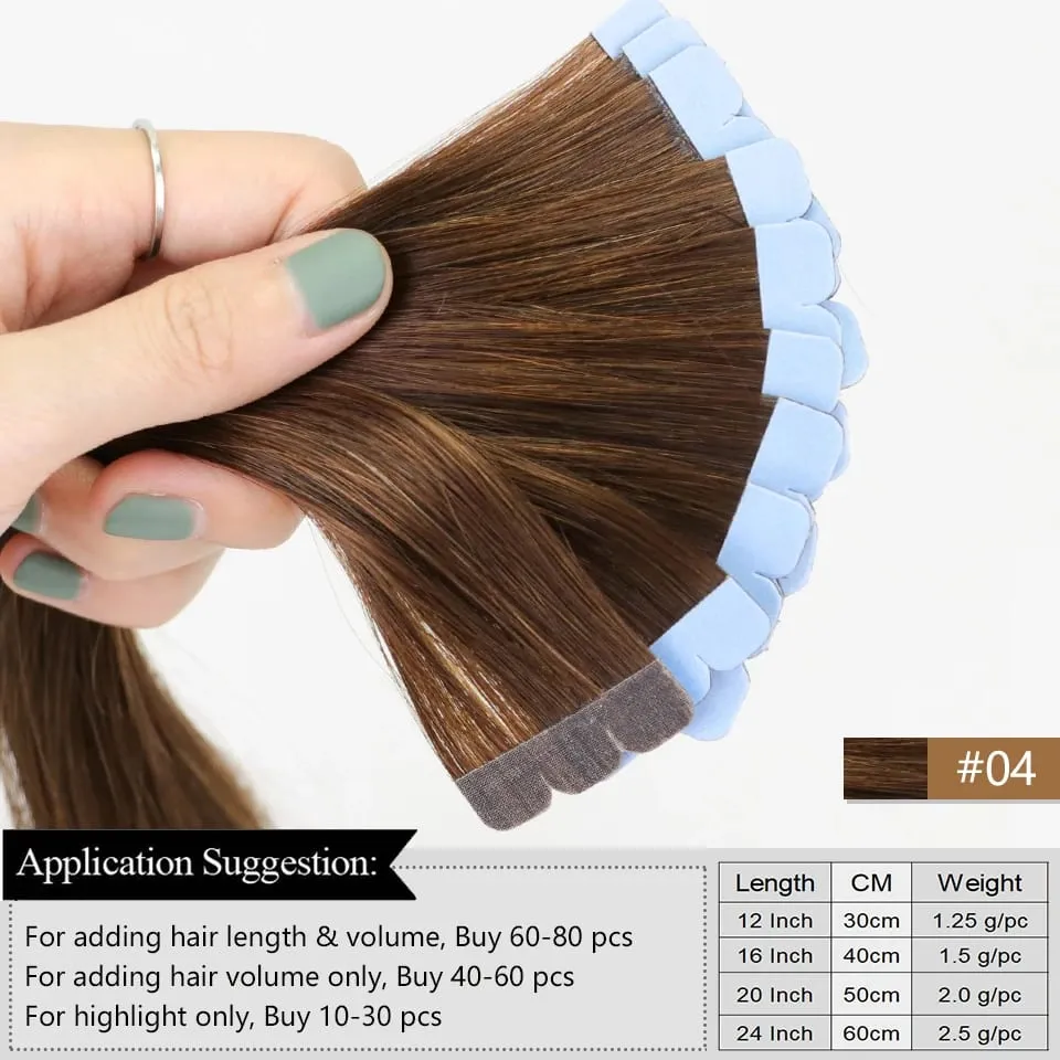 Mini Tape Hair Extensions 12-24 Inch Human Hair Extensions 3x0.8cm Invisible Tape 10pcs per Pack for Side Machine-Remy Hair