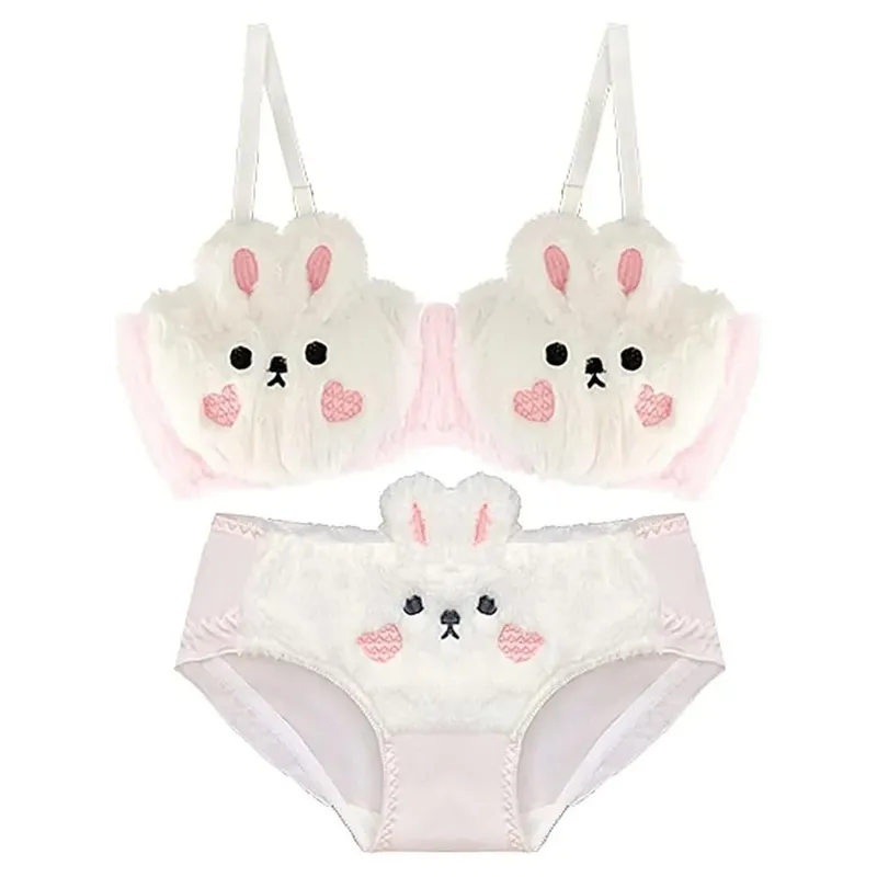 New Design Gathered Padded Bra and Panty Set Warm Adorable Lingerie Underwear Brief Cotton Polyester Fuzzy Lingerie