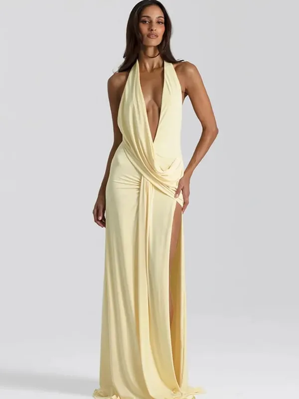 Mozision Halter Deep V Neck Backless Sexy Maxi Dress Women Gown Fashion Irregular Sleeveless Thigh High Split Club Party Dresses