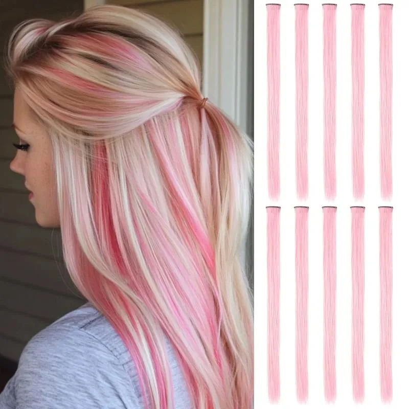 10PCS Hair Extensions Clip in -24 inch Colorful Hair Extensions Party Highlights Long Straight Synthetic Wigs Suitable for Girl