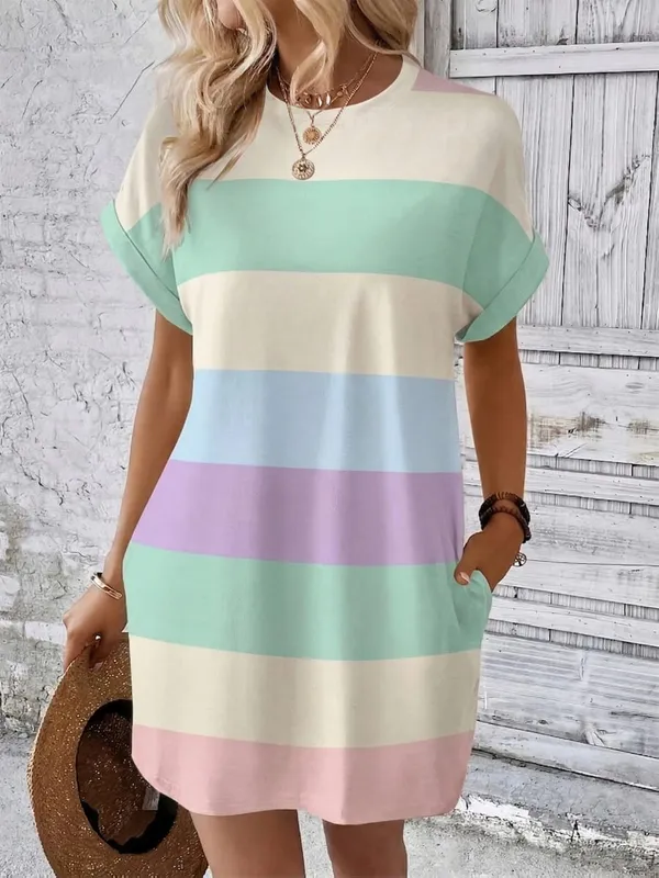 Vestido feminino listrado plus size casual solto manga curta vestido de verão com bolsos