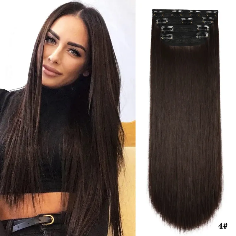 Clipe sintético longo ondulado feminino de alta temperatura, extensão de cabelo sintético, 4 peças, clipe longo, macio, ondas glam, grosso