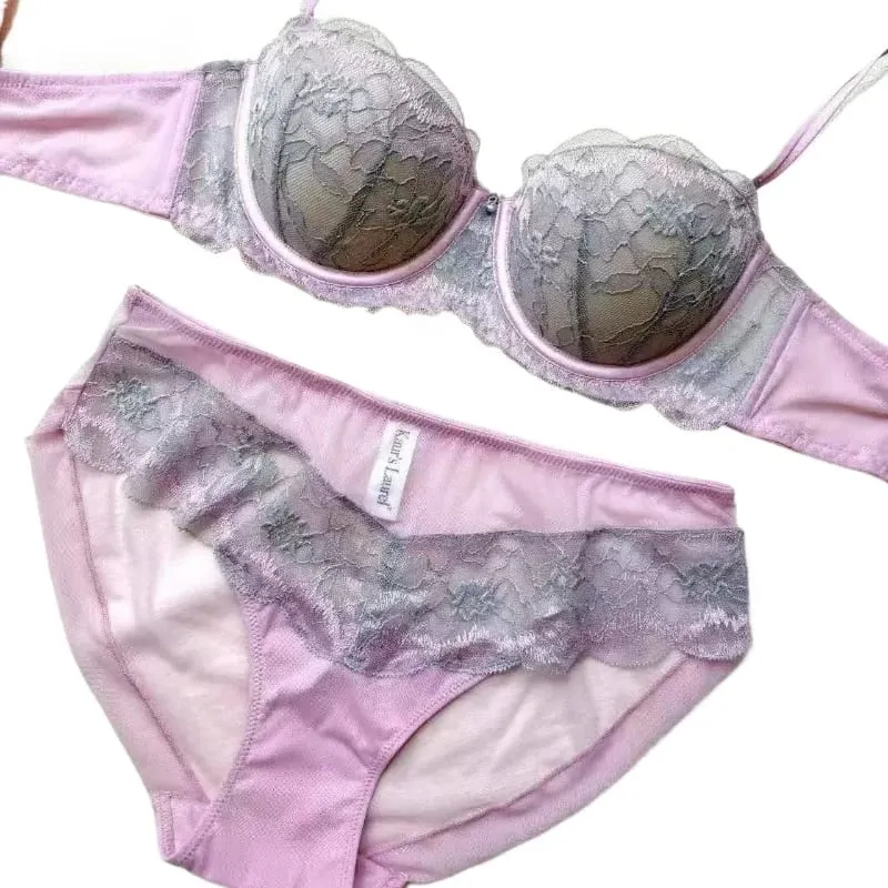 Set Bra dan Seluar Dalam Renda Ungu Ringan Wanita Baharu Meminimumkan Kesan Rekaan Tekan Tubi dengan Underwire Lembut dan Sokongan Anti-Kendur