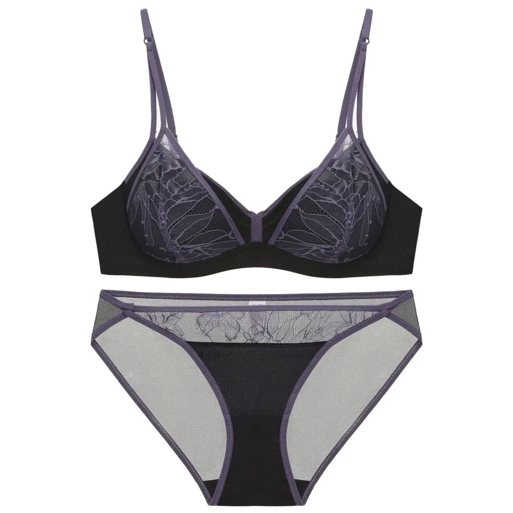 Conjunto de lencería Sexy de estilo para mujer, sujetador inalámbrico push-up de retazos de encaje fino en contraste con tirantes dobles para busto pequeño