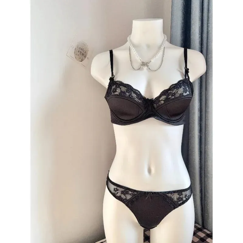 Ropa interior de encaje de media Copa de satén Premium francés para mujer, Conjunto de sujetador brillante con soporte superior fino y Sexy, conjunto de pechos grandes pequeños 32-38