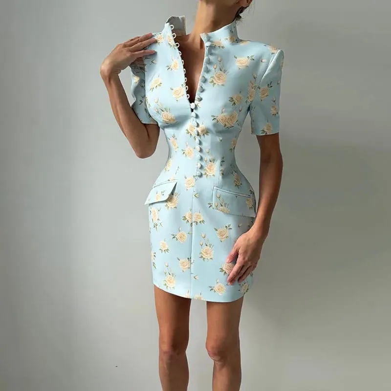 Elegant Women's Printed Buttons Short Dress Waist Cinched Shoulder Pads High Collar Dresses 2026 Autumn Lady Holiday Party Robes