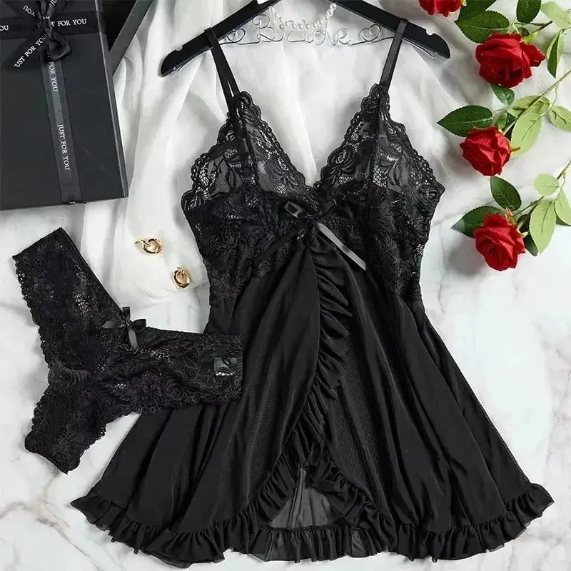 Tulle Suspenders Exquisite Women's Lencerias Lace V-Neck Underwear Semi-transparent Thong Dress Set Females Lingerie Nightgowns
