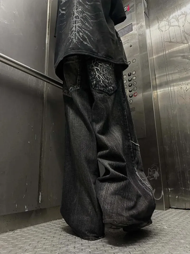Men Y2K Gothic Spider Baggy Jeans Distressed Washed Raw Edge Wide Leg Denim Pants Hip Hop Streetwear Ghost Loose Trousers