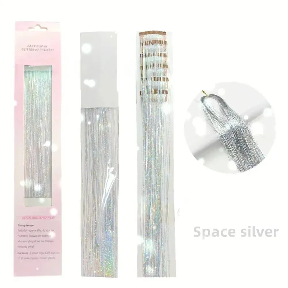 6Pcs Hair Tinsel Clip in Hair Extensions 20 Inch Synthetic Colorful Shiny Sparkle Glitter Tinsel Hair for Women Girls Cosplay