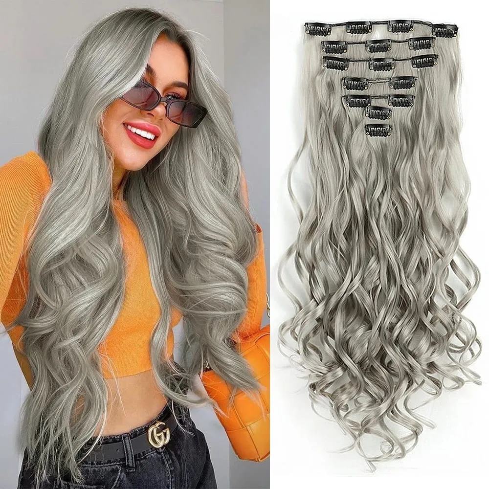 Synthetic Clip in Hair Extensions Purple hairpieces 7pcs/set 22inch Thick Hair for Women Girls Daily Party Cosplay