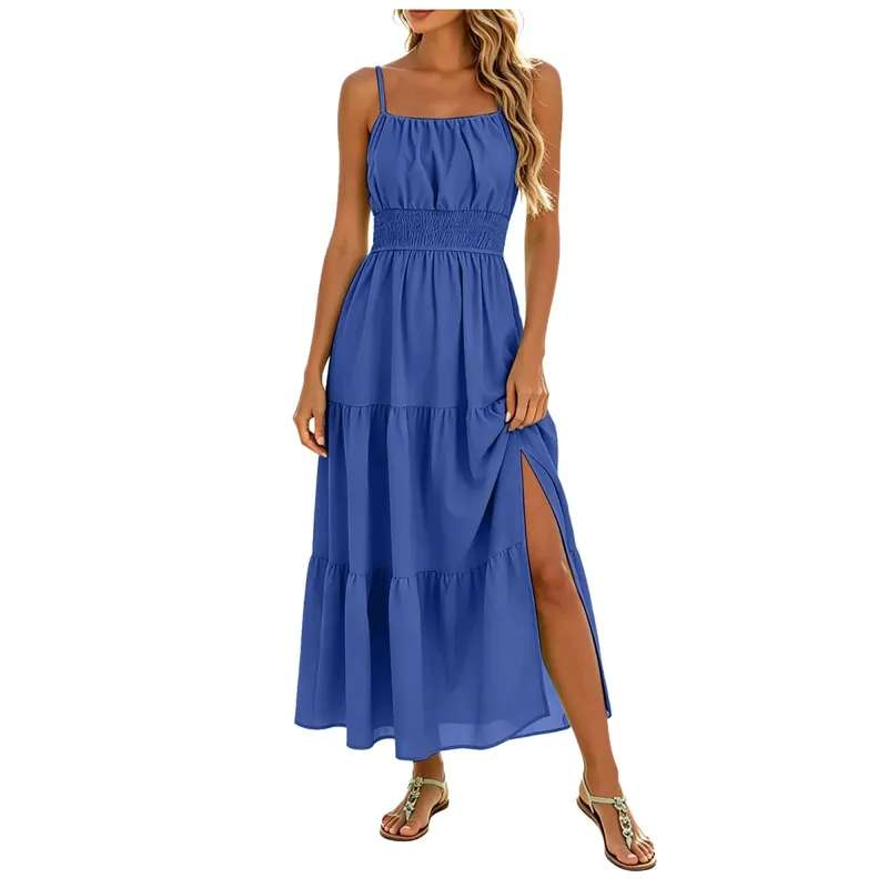 Women's Summer Chiffon Dress Elegant A-Line Double Layer Sexy Sling Dresses Summer Holiday Party Ball Gown Muer Solid Sundress