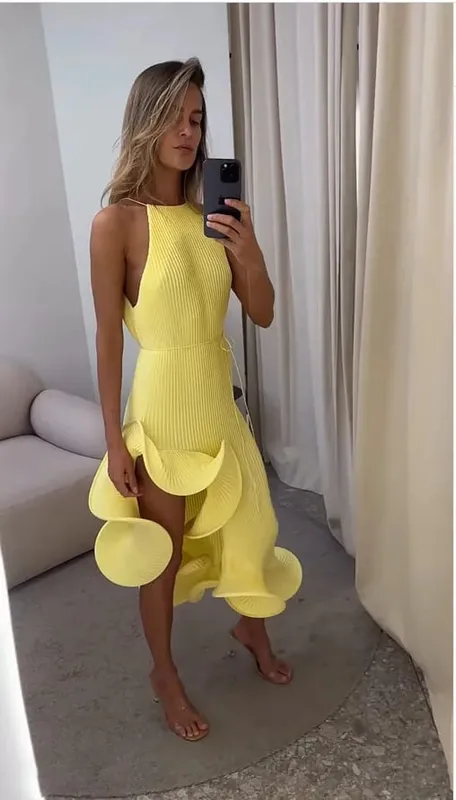 Elegant Irregular Ruffle Halter Dress Women Chic Sleeveless Off-shoulder Lace-up Slim Midi Gowns Lady Evening Party Dresses 2026