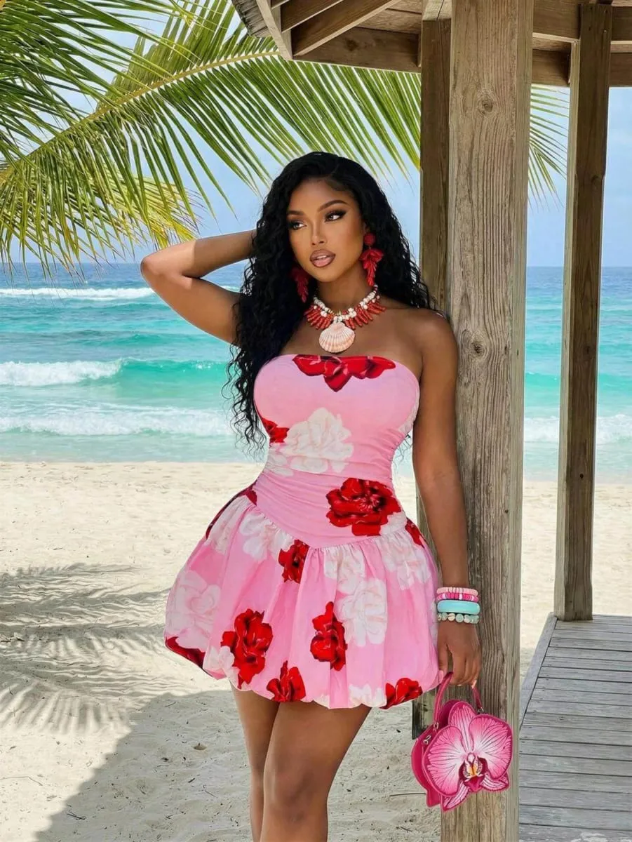 Women Strapless Floral Print Mini Dress Ruched Waist Flared Skirt Bodycon Dress For Beach Holiday Party Occasion