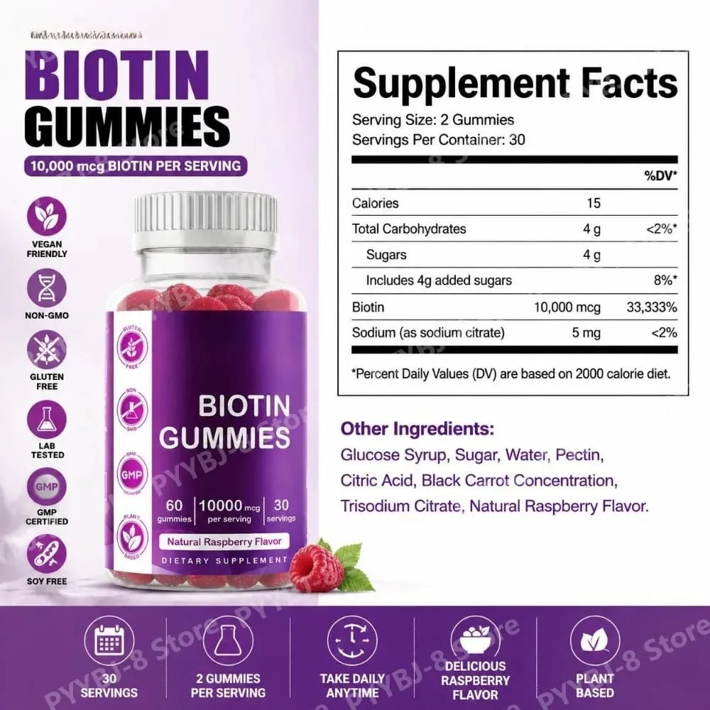 Biotin Gummies with Vitamin Vegan Gluten Free Soy Free Natural Raspberry Flavor Support Hair Nail and Skin Health 60 Gummies