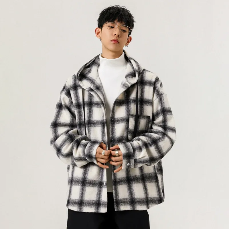 Y2K-Chaqueta holgadas de cuadros con capucha para hombre, cárdigan de talla grande a la moda, ropa de abrigo Vintage coreana, sudaderas con capucha de una botonadura
