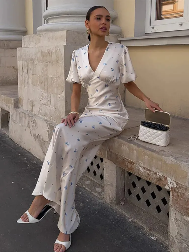 Elegant Print Women Long Dress Fashion V-neck Pleated Flutter Short Sleeve Empire Female Dresses 2026 Summer Chic Female Robe — image 4