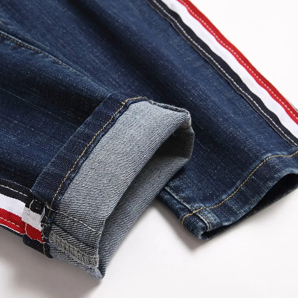 Men Side Stripe Denim Jeans Blue Stretch Washed Denim Pants Slim Straight Trousers