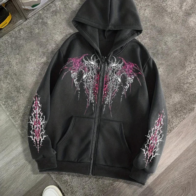 Men's Gothic Dark Print Zipper Hooded Casual Sports Sweatshirt Zipper Jacket Autumn and Winter New Casual Retro Street Style Top