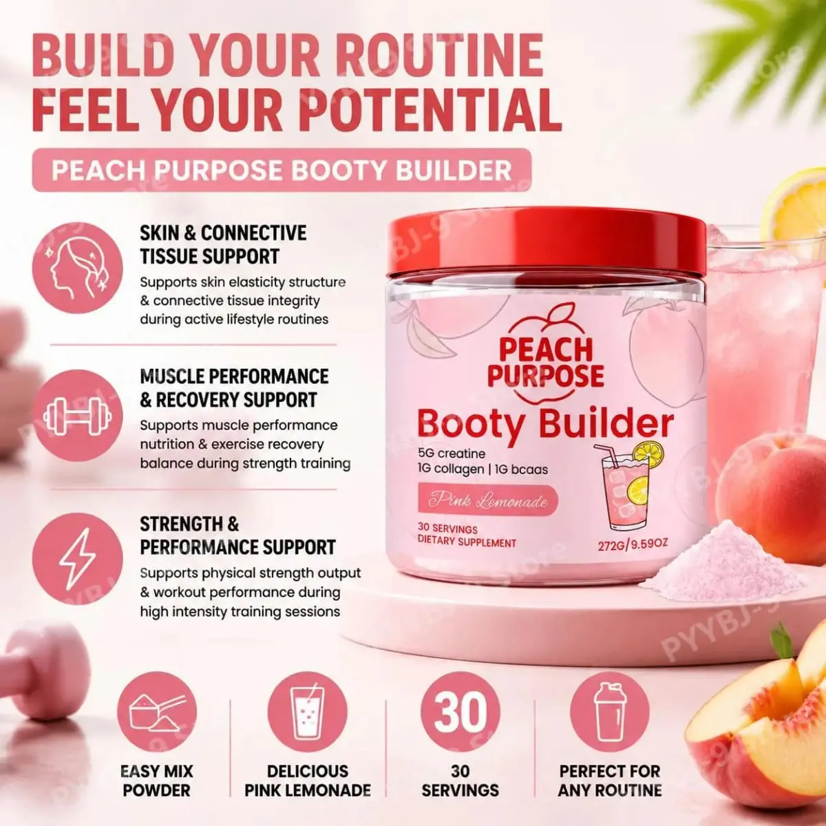 Peach Purpose Collagen Powder Skin Elasticity & Workout Recovery Support for Active Fitness and Strength Routines 30 Servings