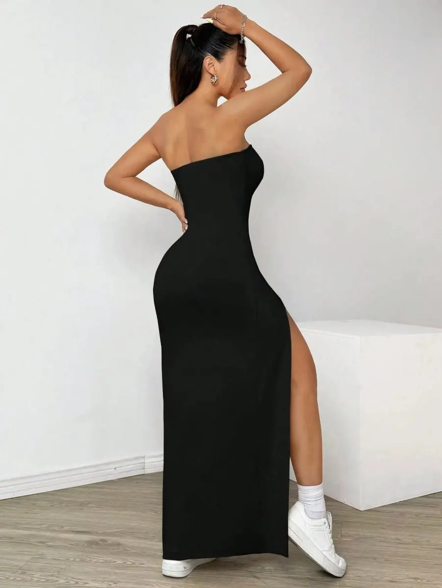 Robe mi-longue moulante sans bretelles pour femmes, haut tubulaire, fente latérale haute, couleur unie, noir, sans manches, coupe cintrée, longue robe de soirée