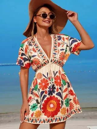 Bohemian Floral Beach Cover-Up Dress V-Neck Short Sleeve Mini Skirt Perfect for Your Next Vacation