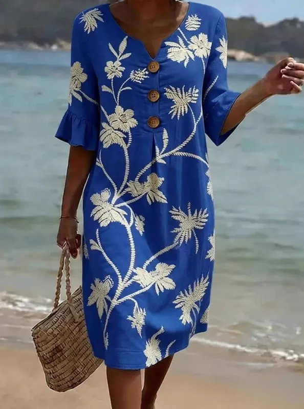 Summer Woman Dress V Neck Button Front Dresses Loose Fit Casual Dress Ruffle Sleeve Floral Dress Vine Pattern Women's Embroidery