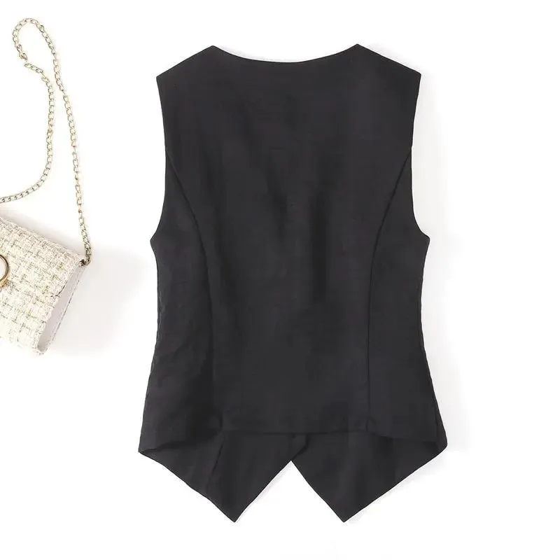 Summer solid color linen vest thin women's vest slim fit short sleeveless suit V-neck shoulder vest