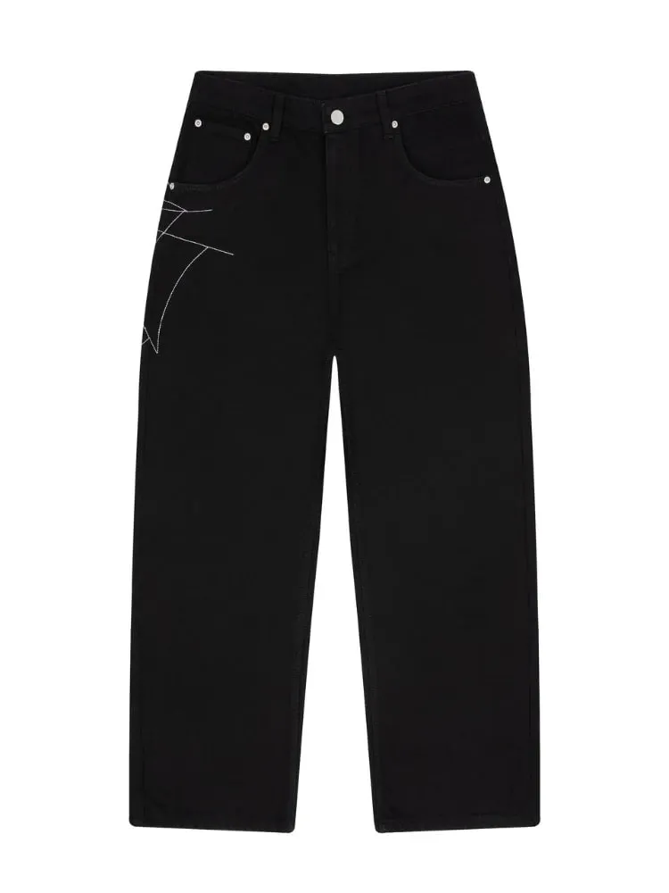 Mens Jeans Spider Web Embroidery Denim Pants Harajuku Unisex Loose Fit Straight Leg Wide Leg Streetwear Casual Fashion Trend New
