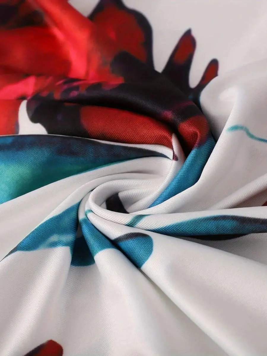 2024 Vestido de manga corta a juego con estampado de flores de estilo europeo y americano para mujer, falda con vuelo grande