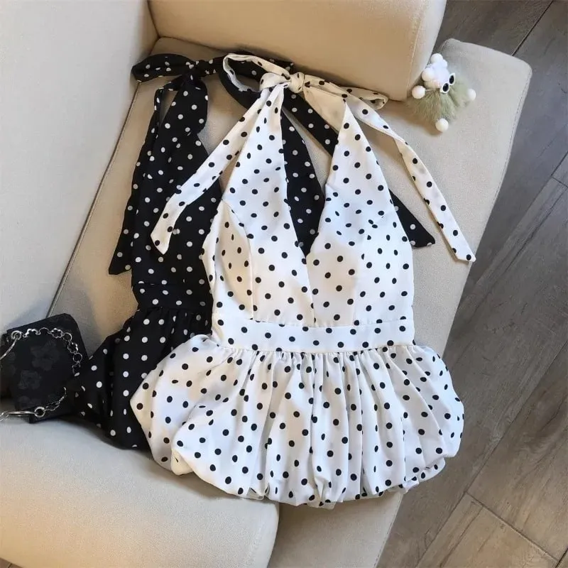 Backless Sexy Halter Beach Babydoll Crop Tops Women Polka Dots V neck Sleeveless T shirt Ruffles Basic Basic Tees Casual New