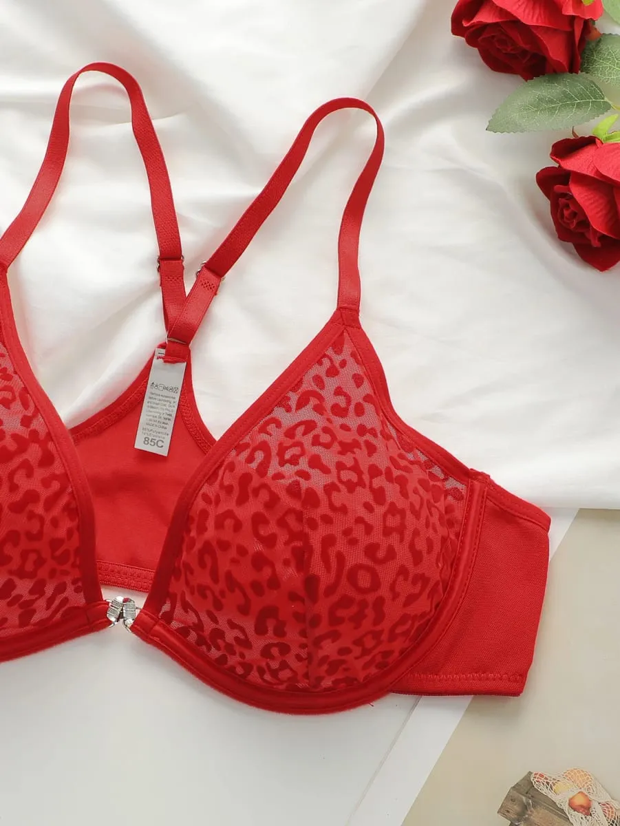 Women's sexy front buckle leopard print lingerie set with steel ring gathering push up comfortable close fitting bra YS3047