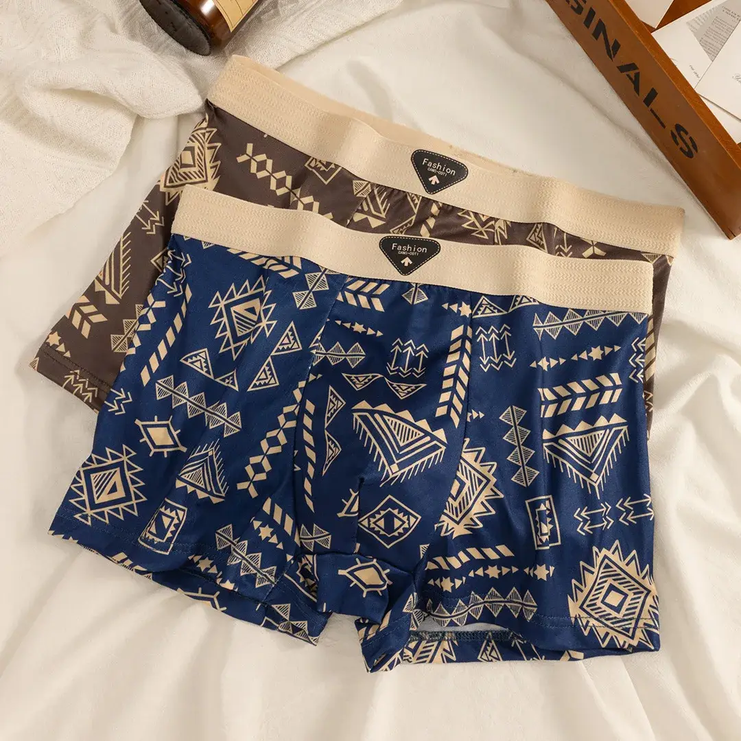 Erkek Boxer Retro Etnik Tarzı Rahat Pürüzsüz Kumaş Külot Vintage Baskı Elastik Iç Çamaşırı Erkek Iç Çamaşırı Düz ​​Külot