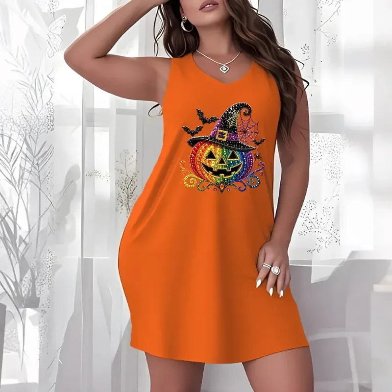 Halloween Theme Plus Size Women Sleeveless Tank Dress Spooky Cartoon Graphic Crew Neck Loose Dress Casual Holiday Party Dresses