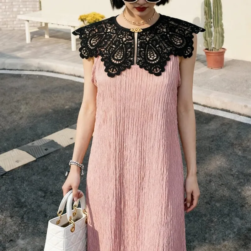 Pleated Sleeveless Elastic Long Dresses Women Vintage Palace Style Womens Black White Doll Fake Collar Soft Midi Dress Clothing