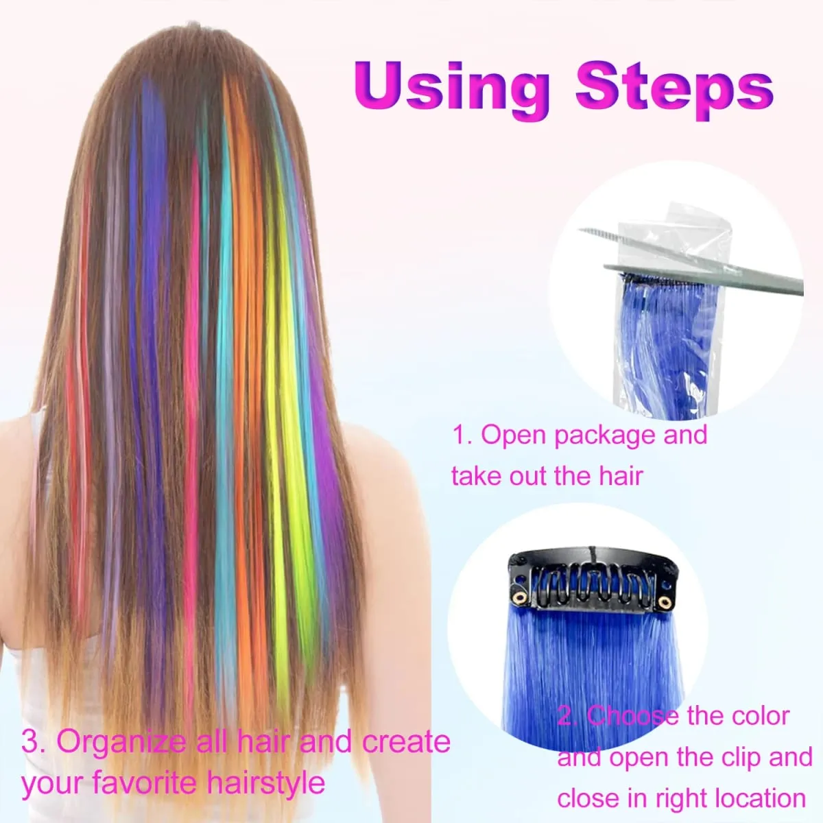 5Packs Colored Hair Extensions 22Inch Straight Color Clip in on Hair Extension Rainbow Party Highlights Synthetic Hair