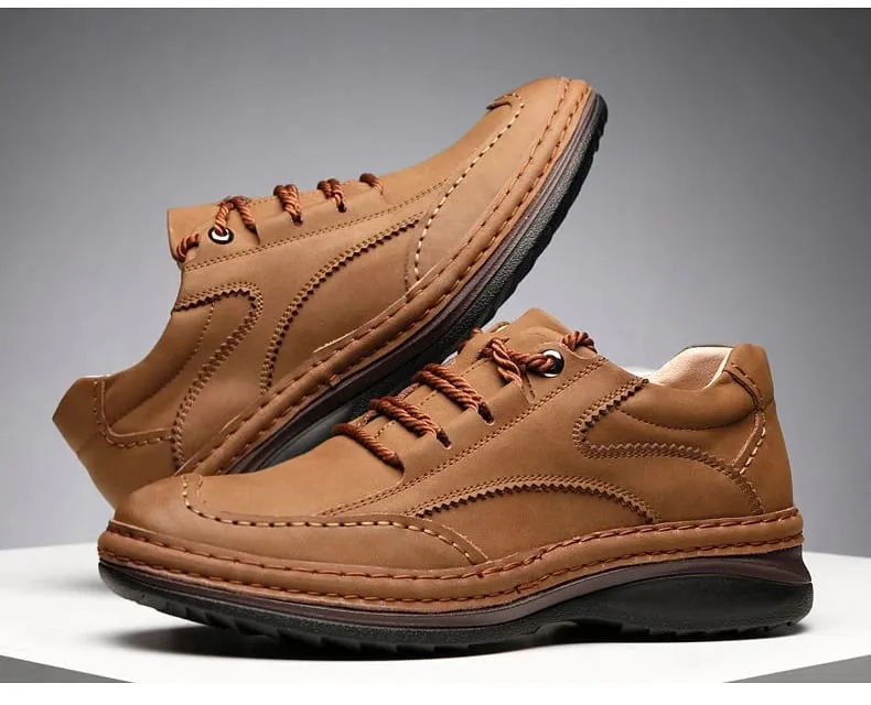 Men Handmade Stitching Cowhide Shoes Casual Lace Up Walking Footwear Comfort Non Slip Rubber Sole Breathable Outdoor Daily Shoes