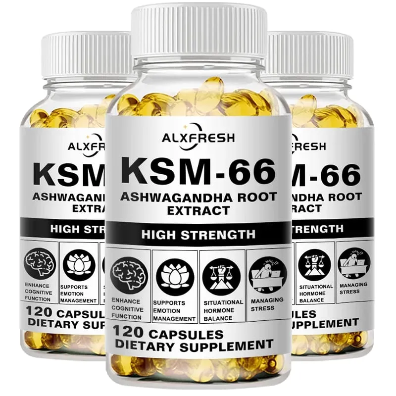 Natuurlijke organische Ashwagandha KSM-66 supplementencapsules voor stressverlichting Focus Hersenenergie Ondersteuning Slaapgezondheidssupplement